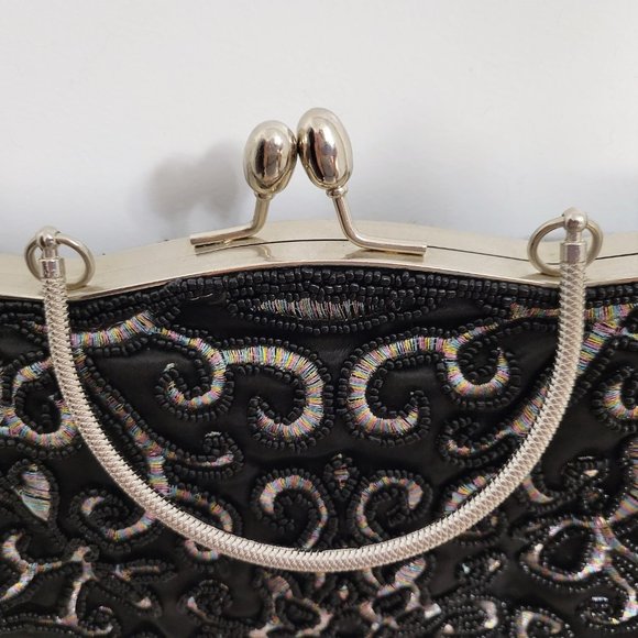 Black Beaded with Shimmery Pastel Ikat Pattern Satin Formal Evening Purse - Picture 6 of 7